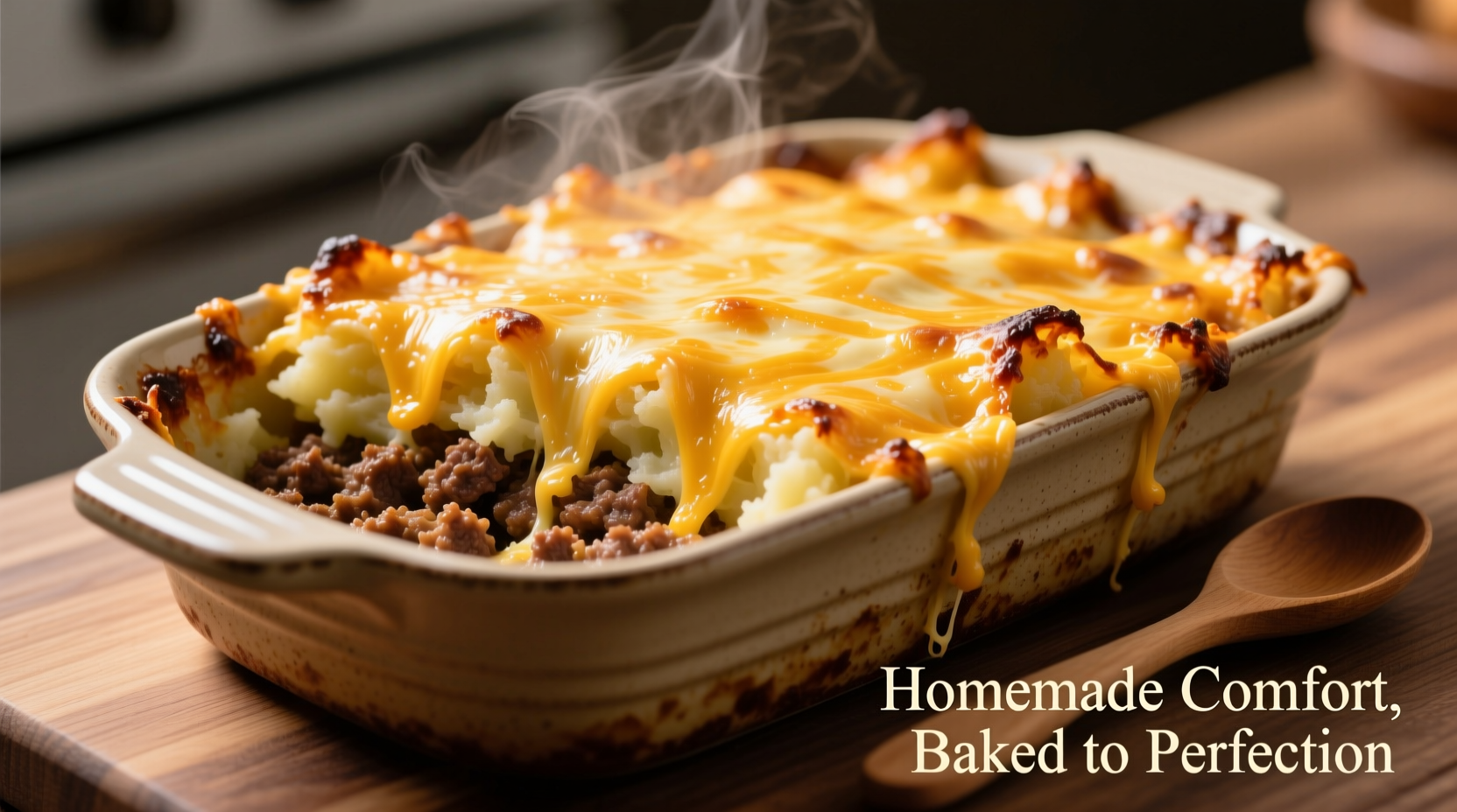 Golden baked ground beef and potato casserole with melted cheese topping