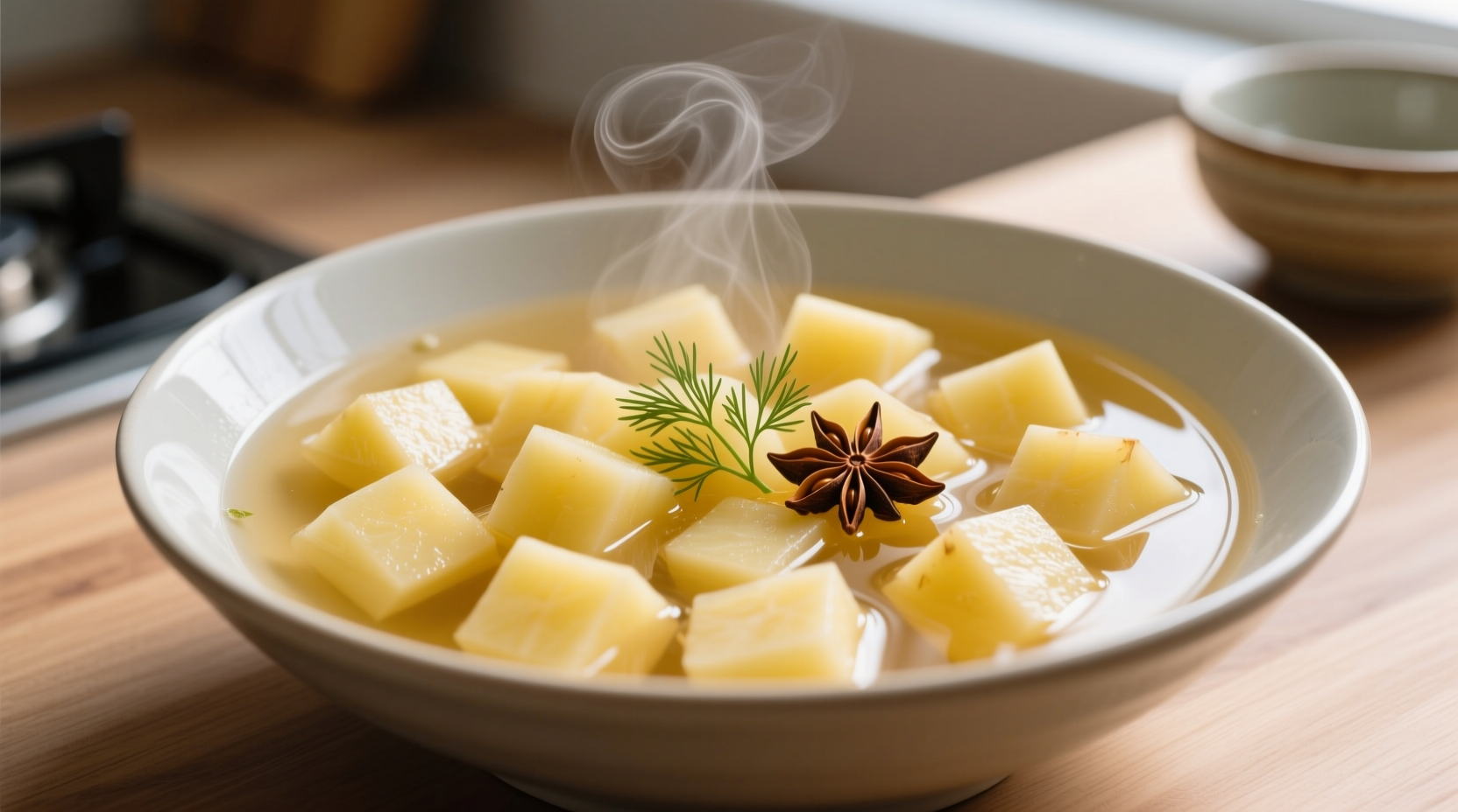 Perfectly boiled potato cubes in clear broth