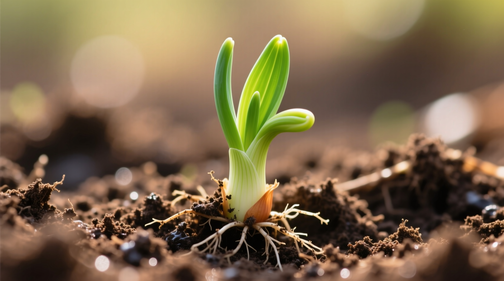 Sprouted onion growing in soil with green shoots emerging