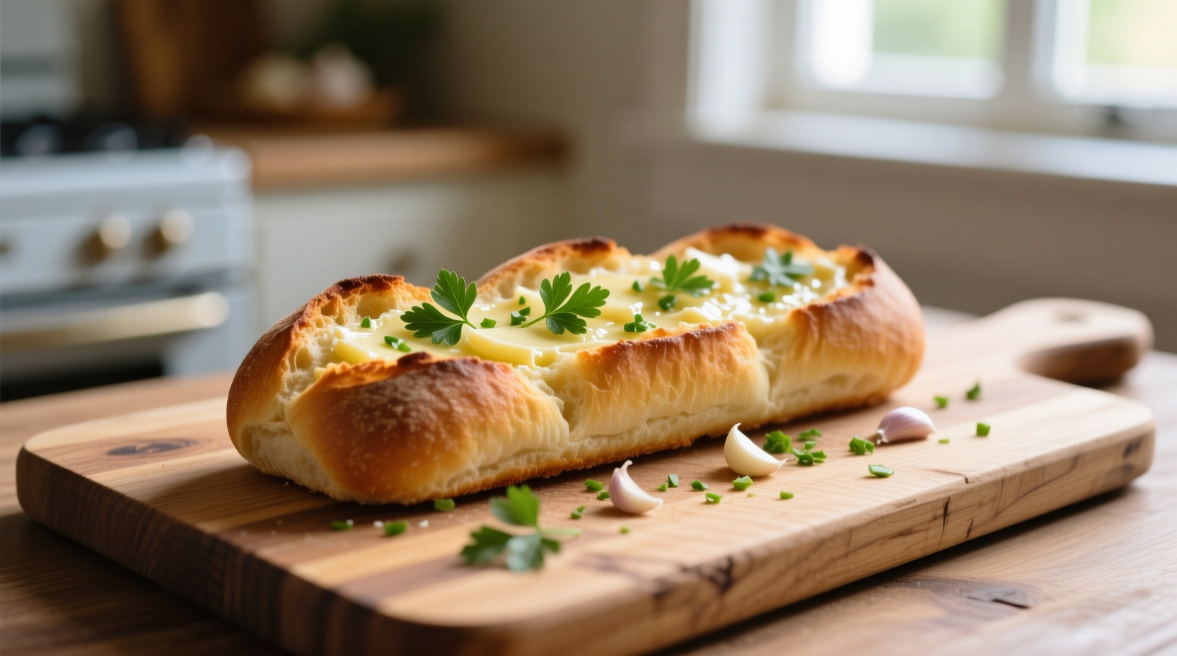 Homemade garlic bread on wooden cutting board