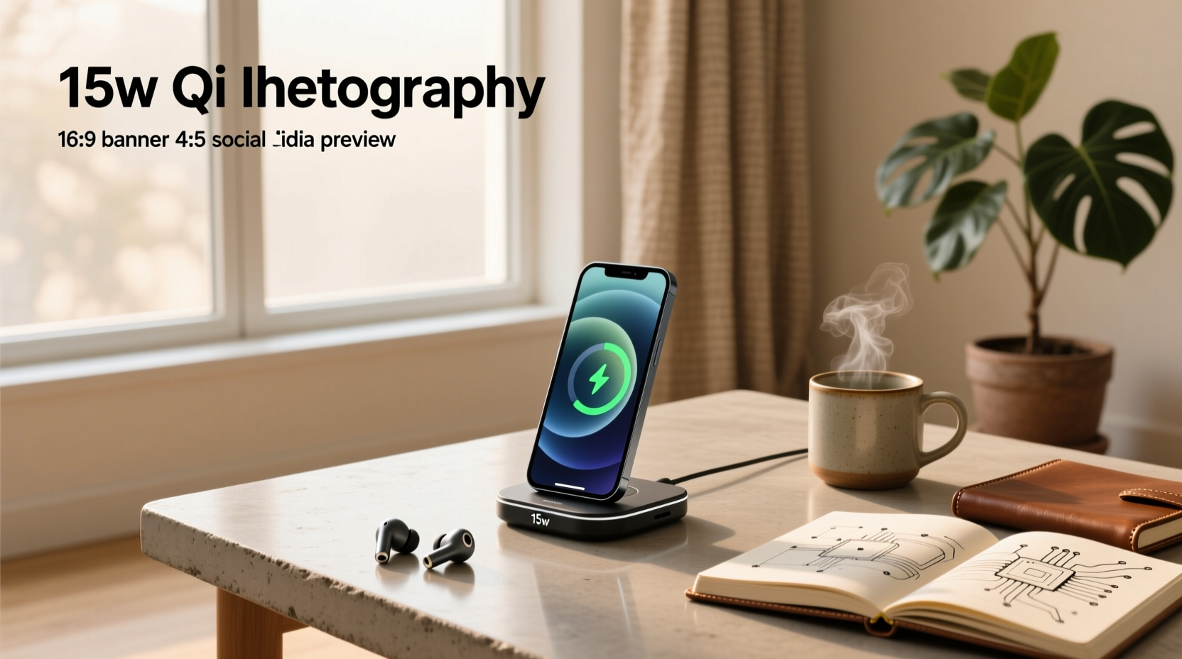 15w qi wireless charger on wooden surface