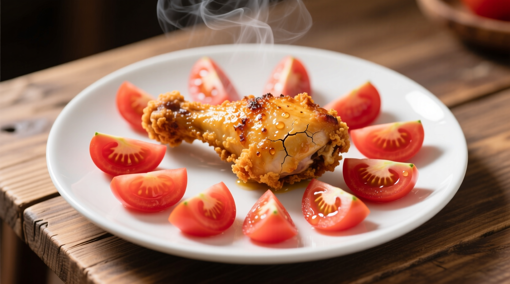 Crispy chicken with fresh tomato slices on plate