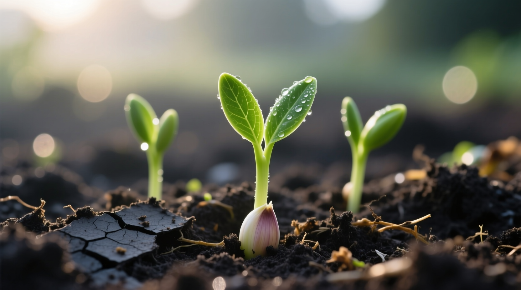 Garlic seedlings emerging in garden soil