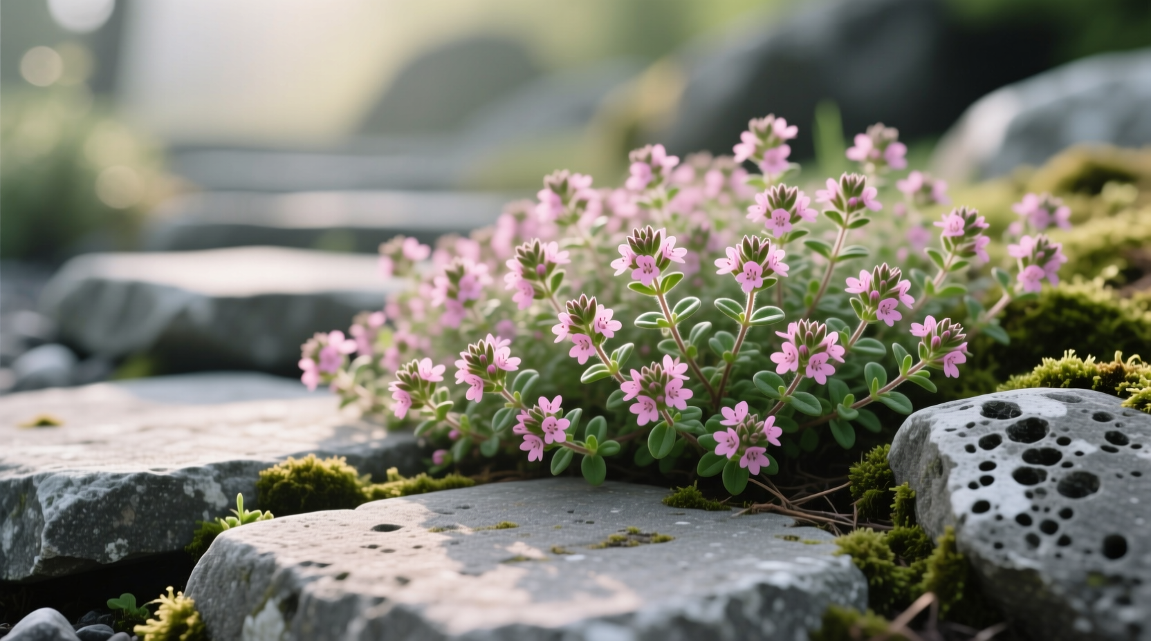 Close-up of Elfin thyme with tiny pink flowers covering stepping stones in a rock garden