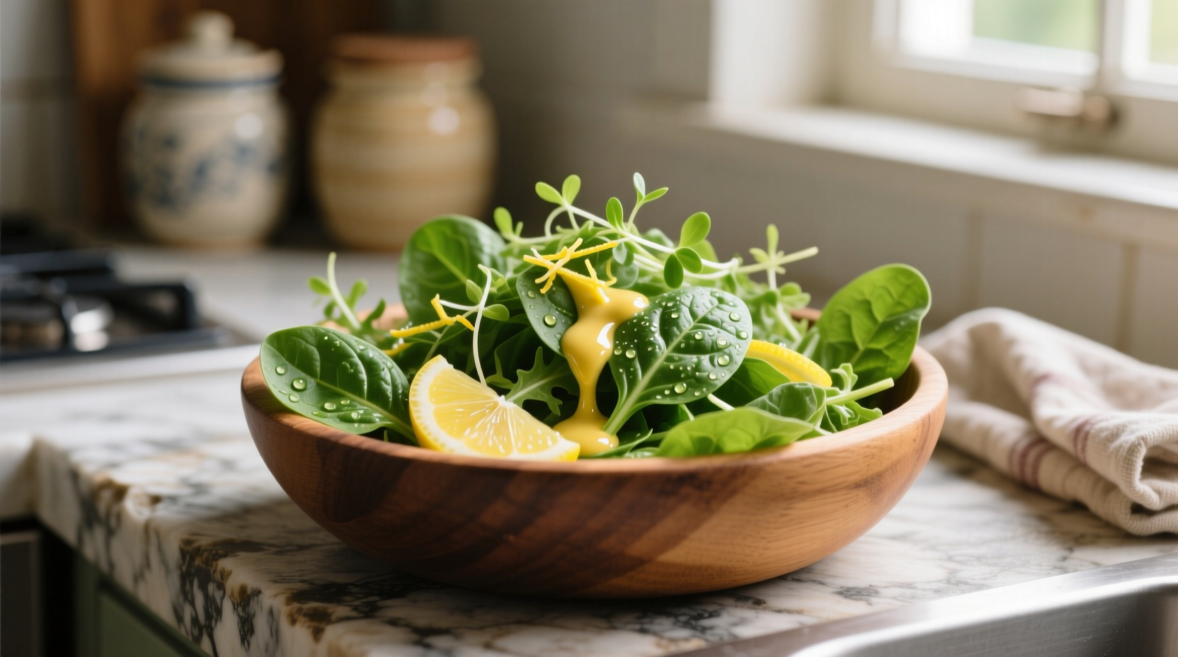 Fresh spinach and arugula salad with lemon dressing