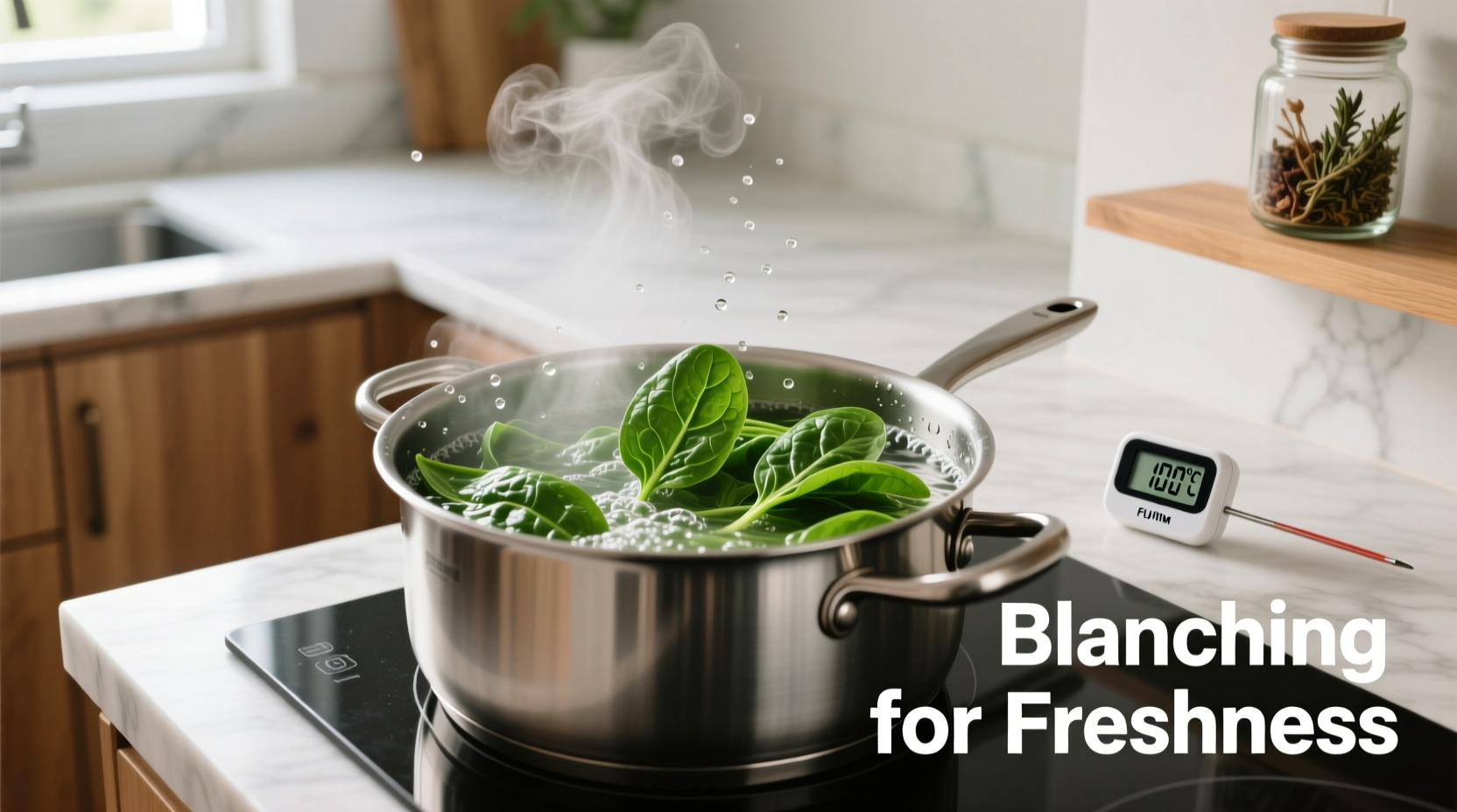 Fresh spinach being blanched before freezing