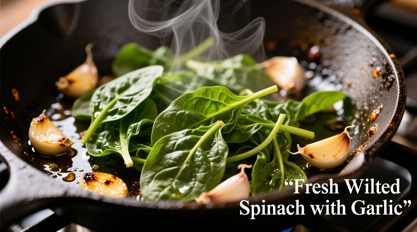 Fresh wilted spinach in skillet with garlic