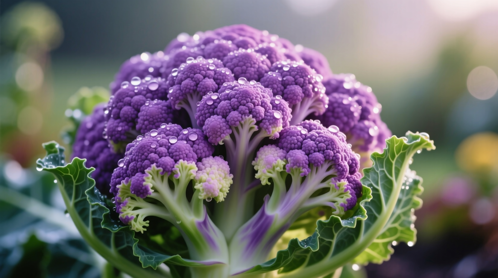 Close-up of vibrant purple cauliflower head showing natural color variation
