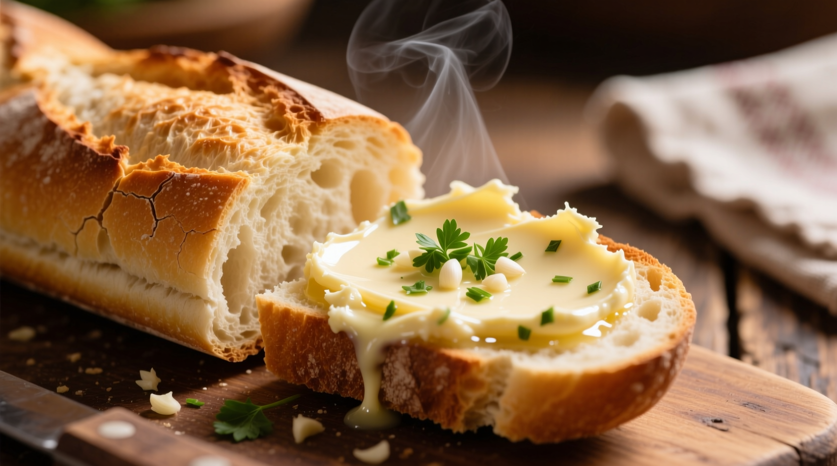 Homemade garlic butter spread on fresh baguette
