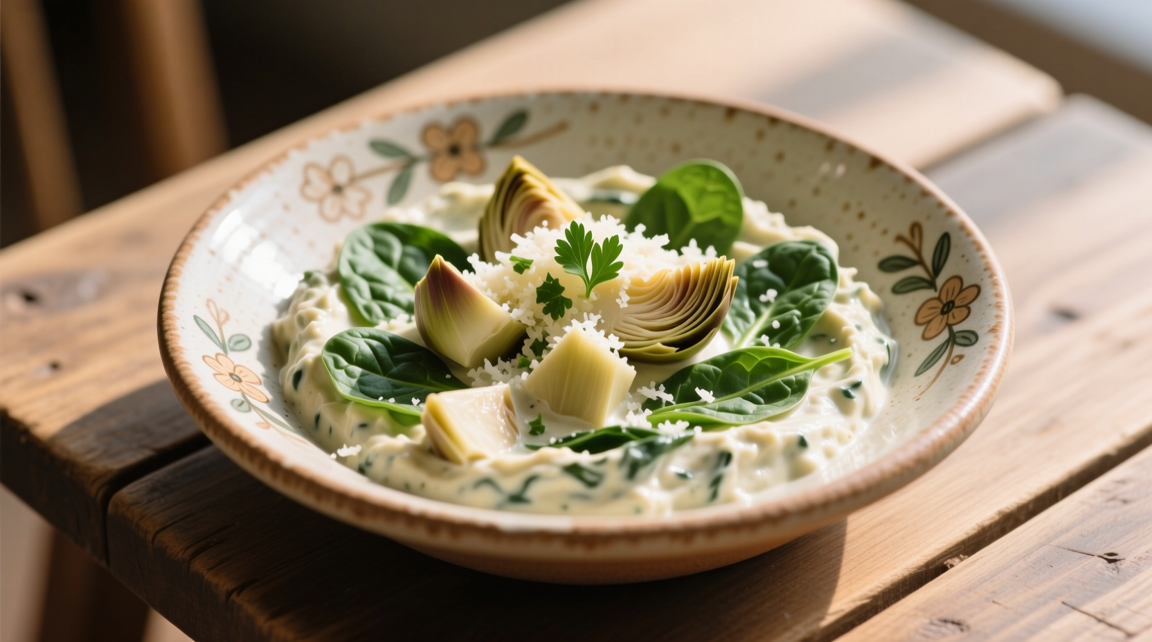 Creamy artichoke spinach dip in ceramic dish