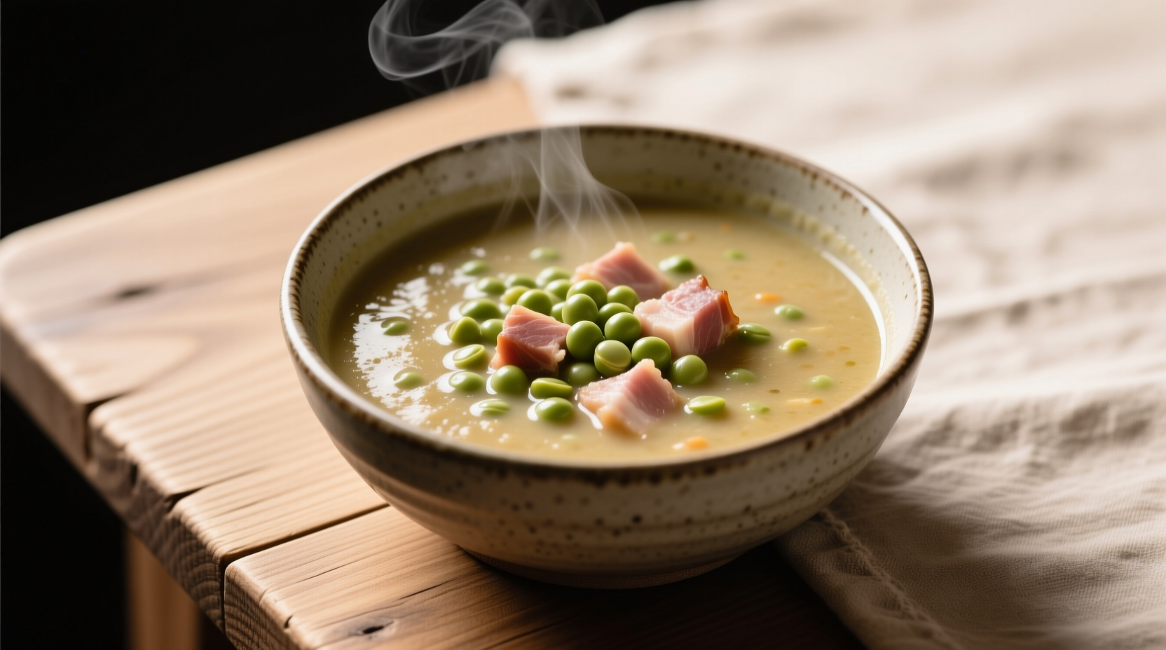 Traditional Danish pea soup Andersen's in a ceramic bowl with visible split peas and ham pieces
