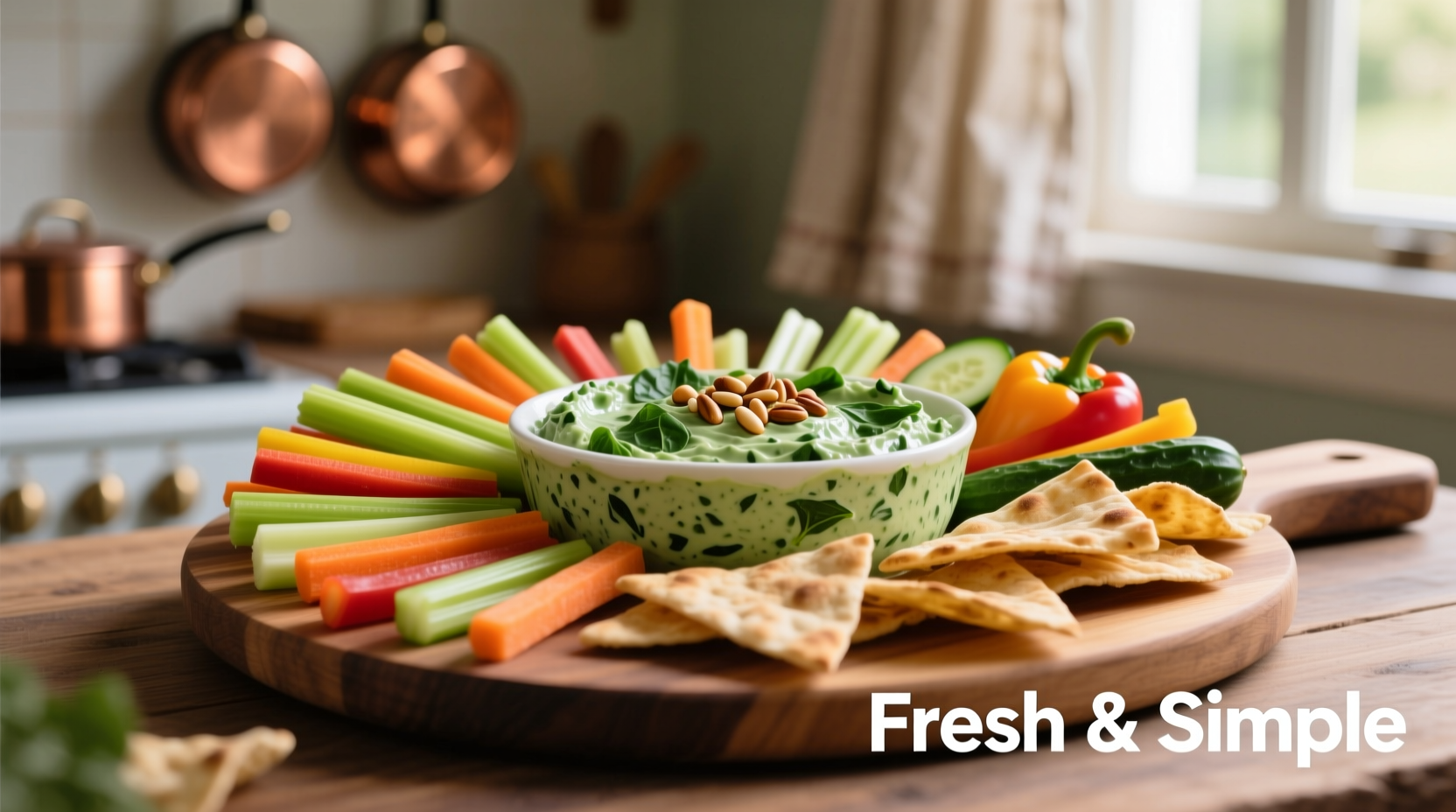 Fresh spinach dip served with vegetable sticks and pita chips
