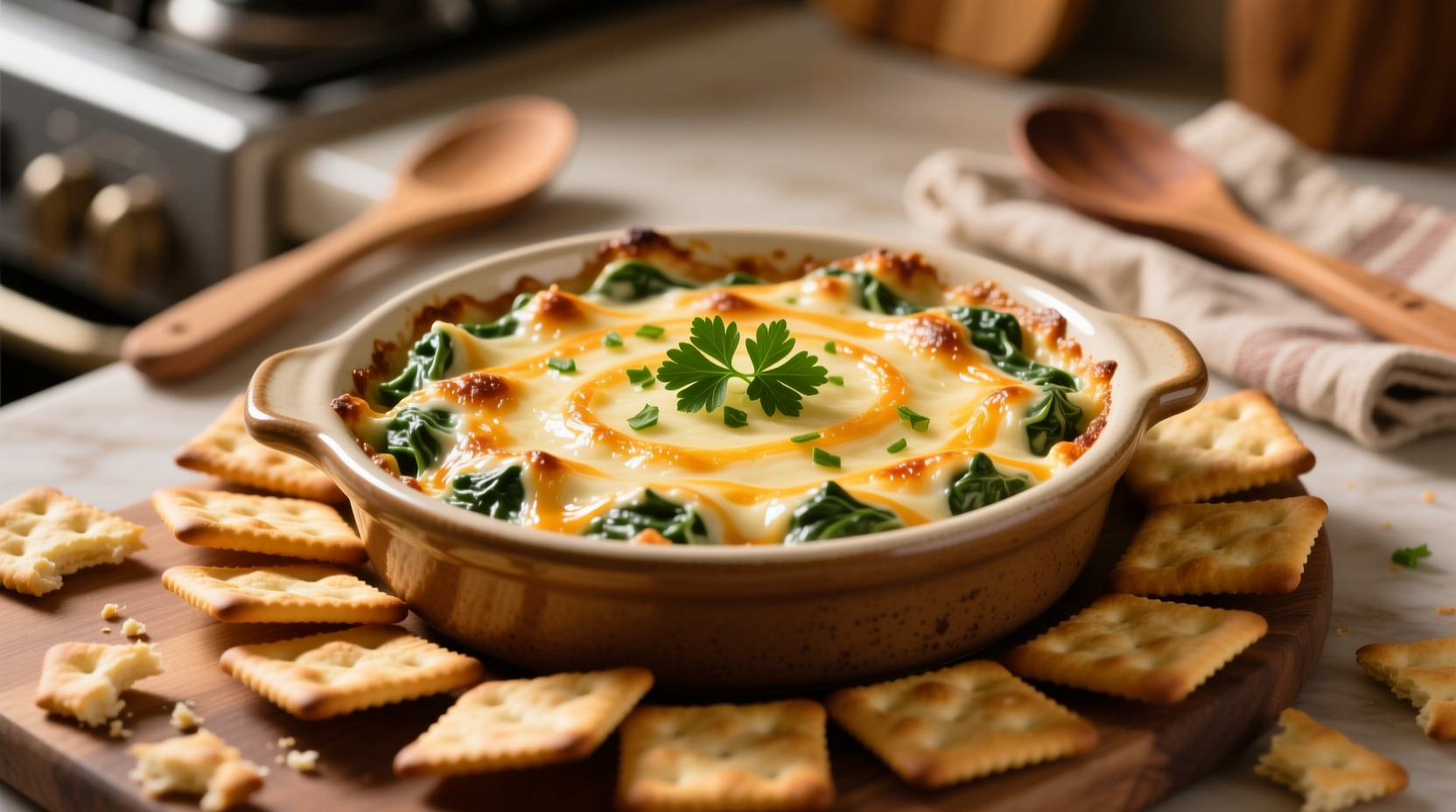 Creamy spinach crab dip in oven-safe dish with crackers