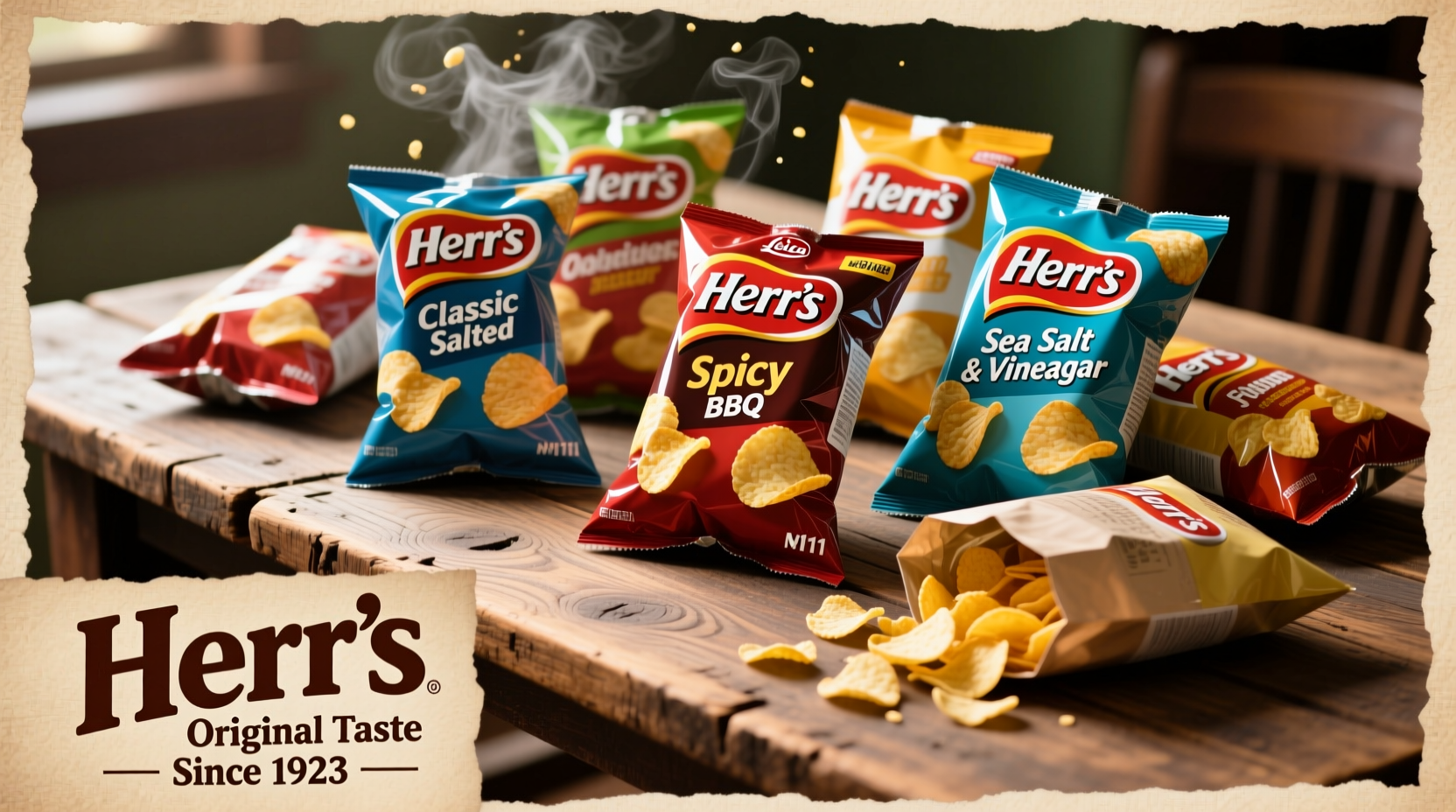 Herr's potato chips varieties on wooden table