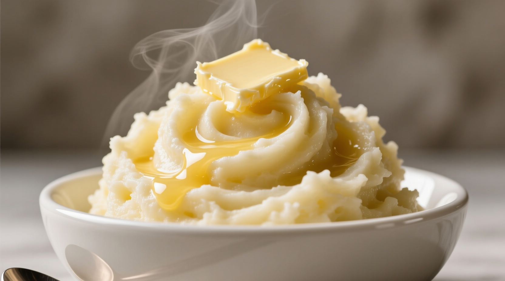 Perfectly buttered mashed potatoes in white bowl