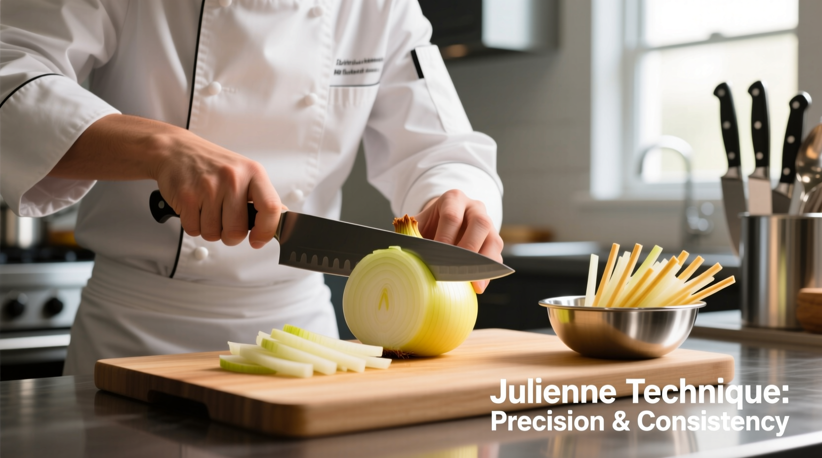 Chef demonstrating proper julienne onion cutting technique