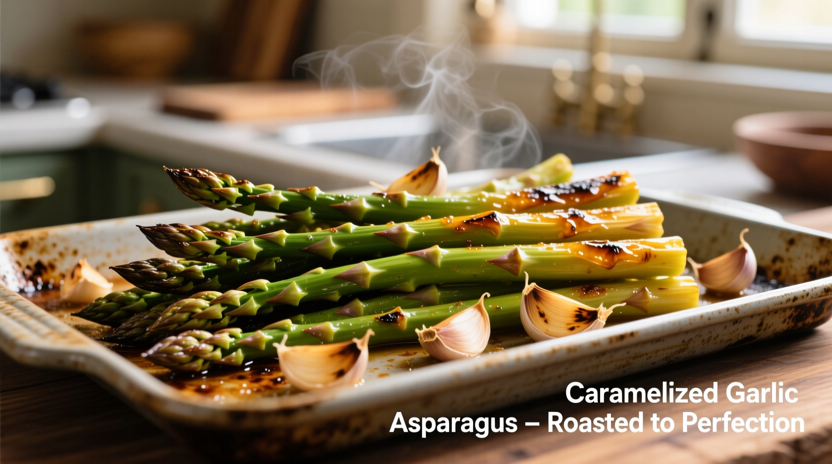 Golden roasted asparagus with caramelized garlic on baking sheet