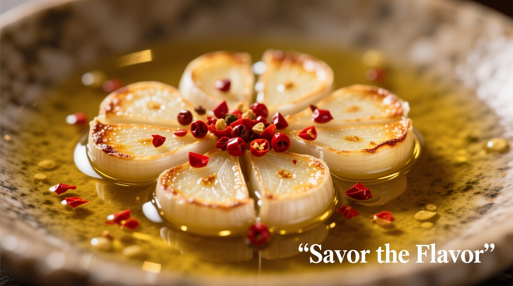 Golden garlic slices in olive oil with red pepper flakes