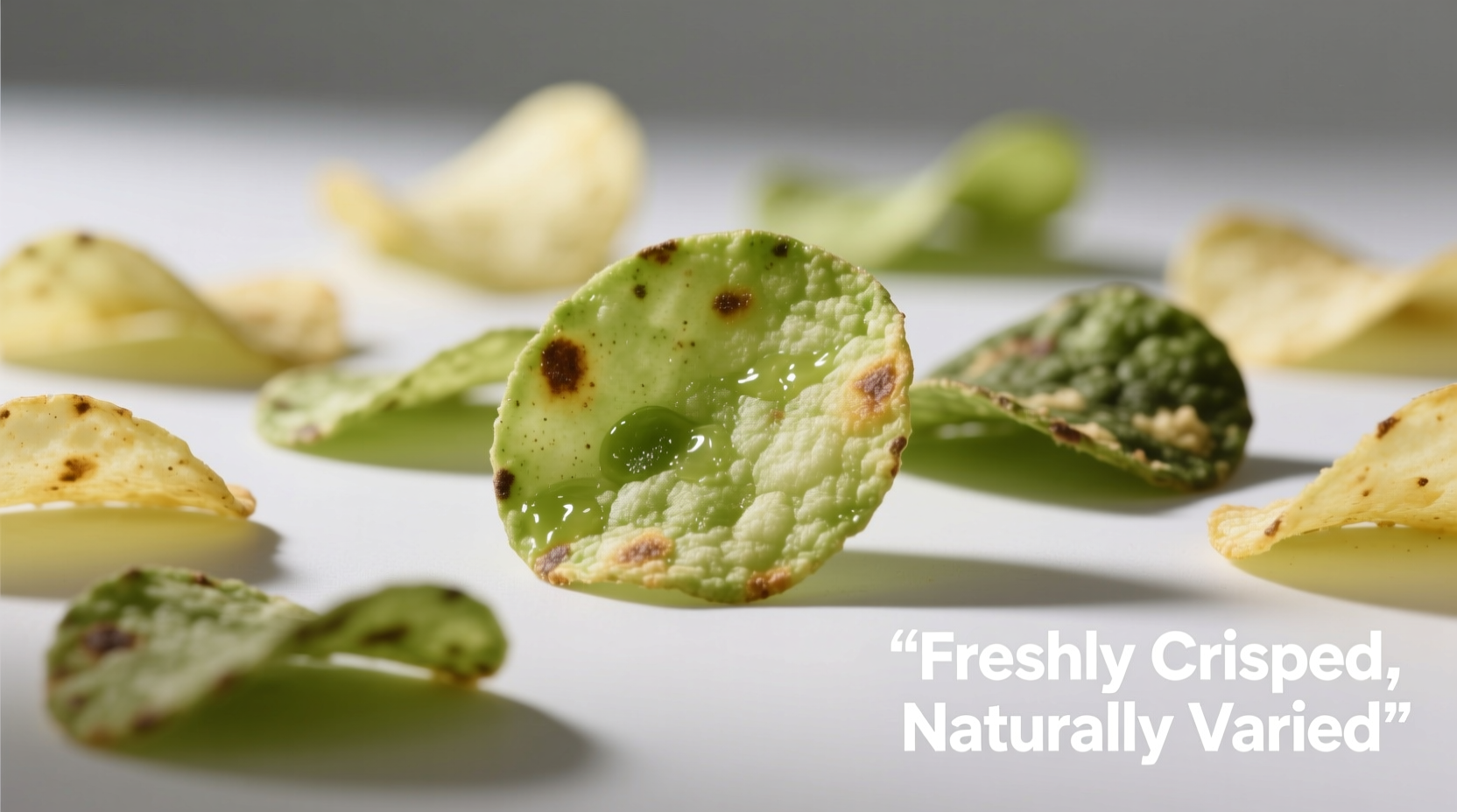 Green potato chips showing varying degrees of discoloration