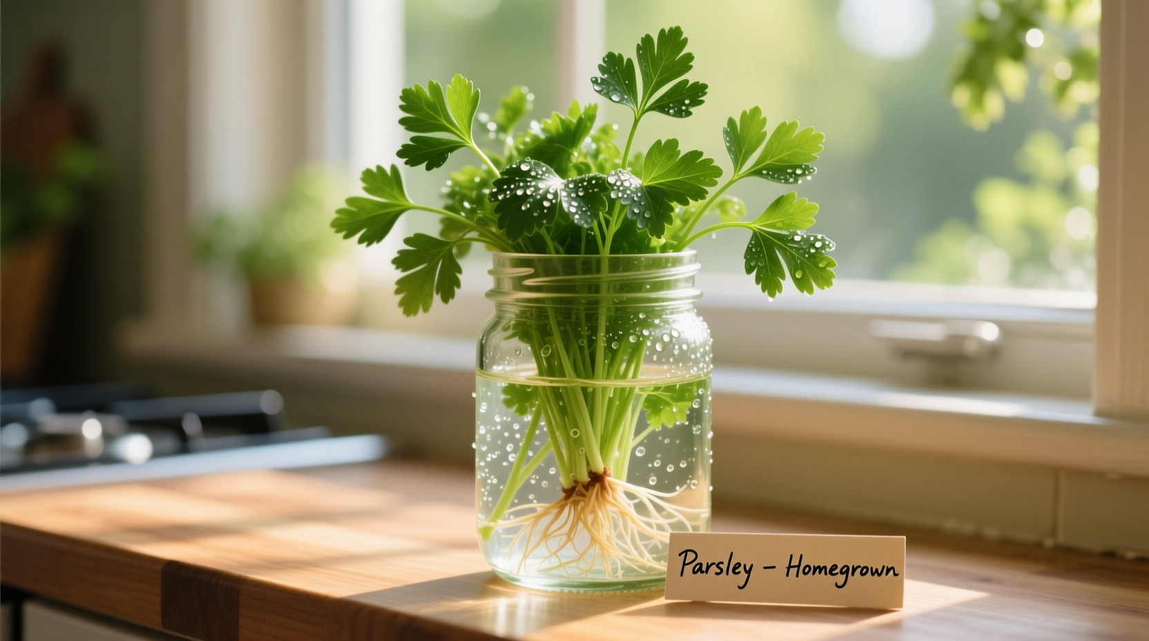 Fresh parsley stored in glass jar with water