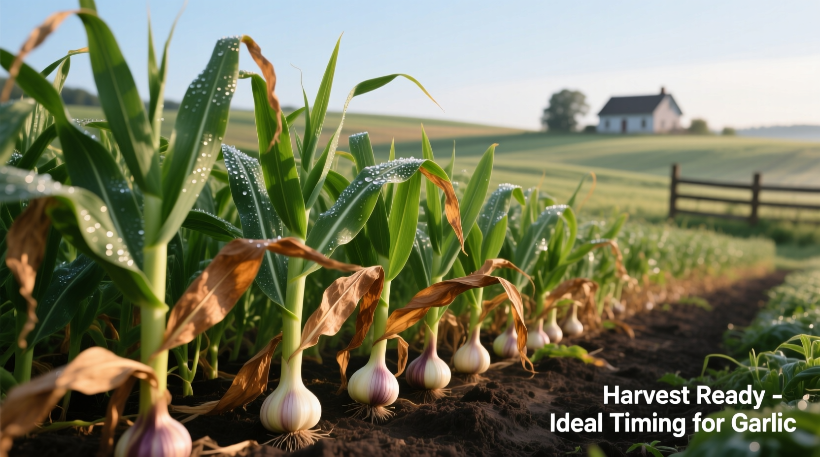 Garlic plants showing ideal harvest timing with brown and green leaves