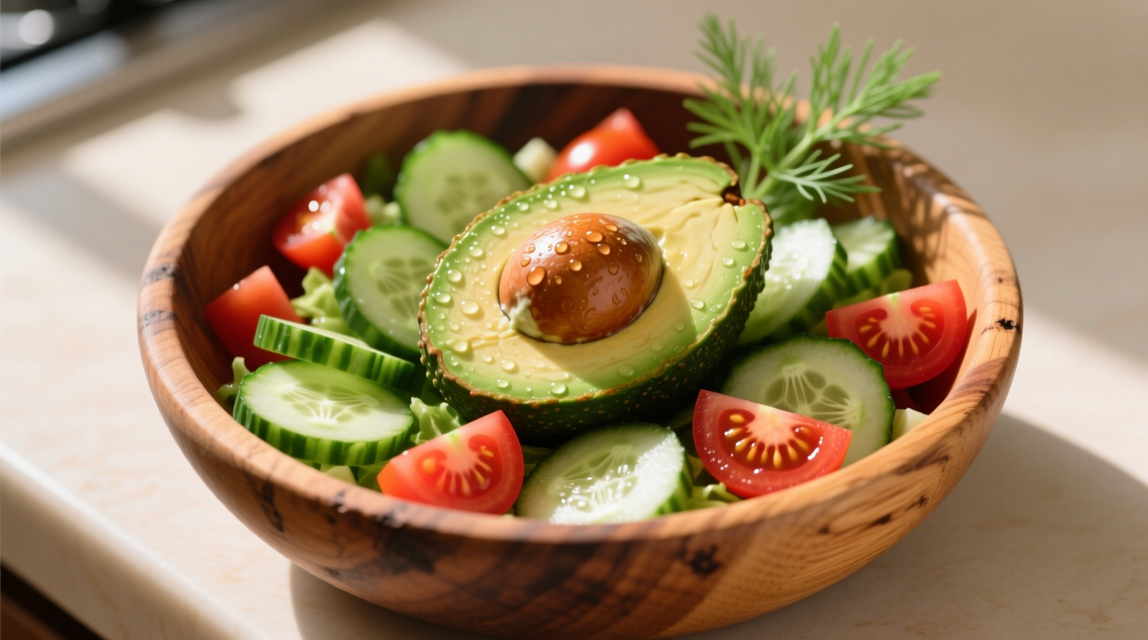 Fresh avocado cucumber tomato salad in wooden bowl