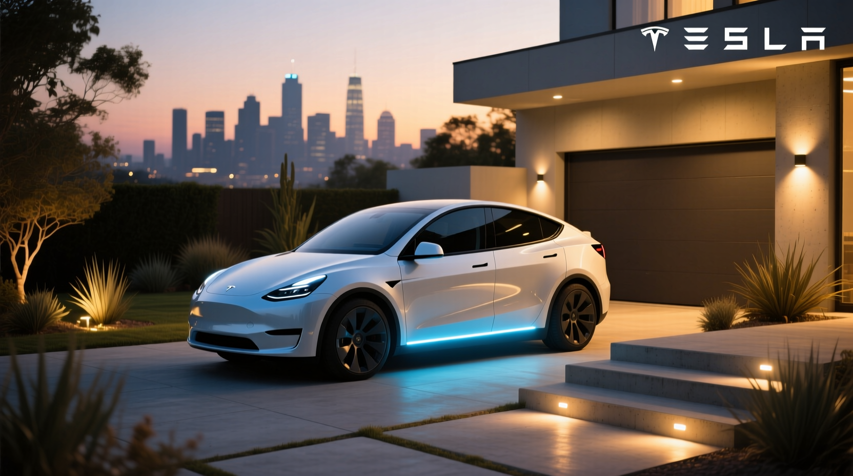 Tesla Model Y interior with upgraded ambient lighting showing blue glow along dash and footwells