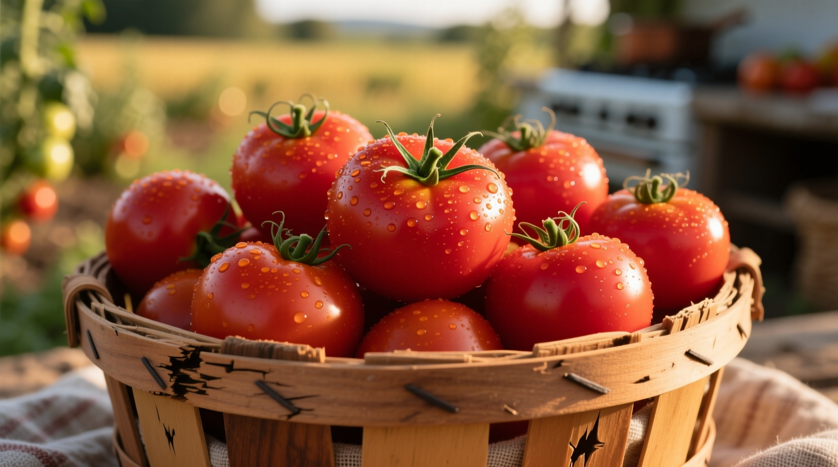 Fresh red tomatoes in a wooden basket