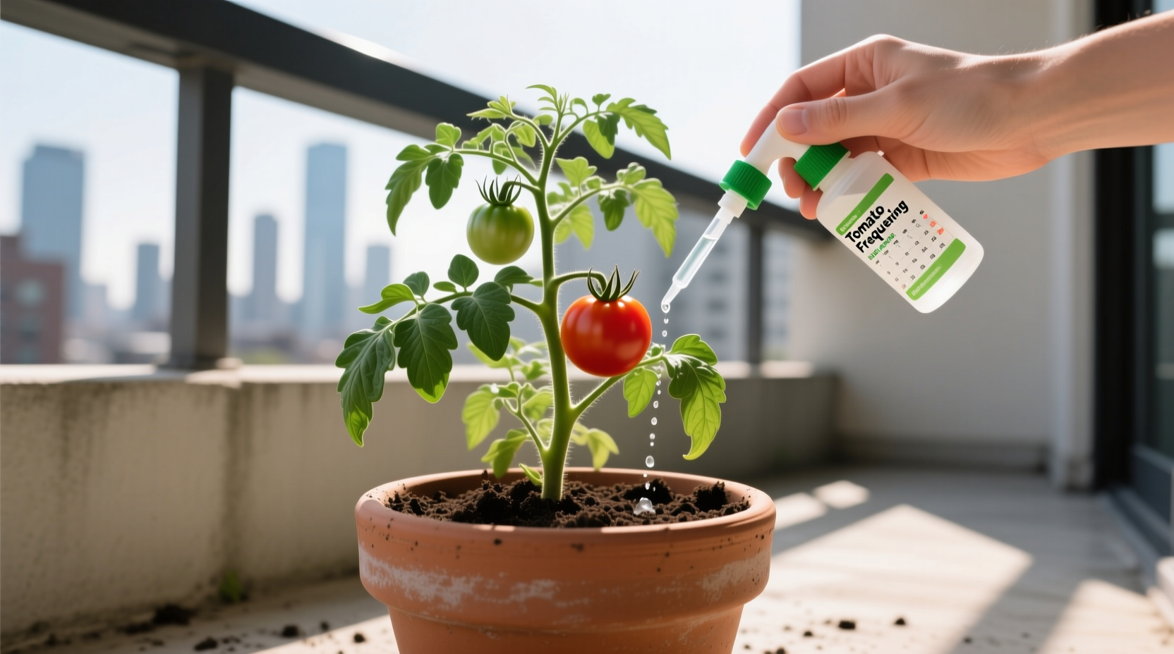 Tomato container garden with liquid fertilizer being applied to soil, not leaves