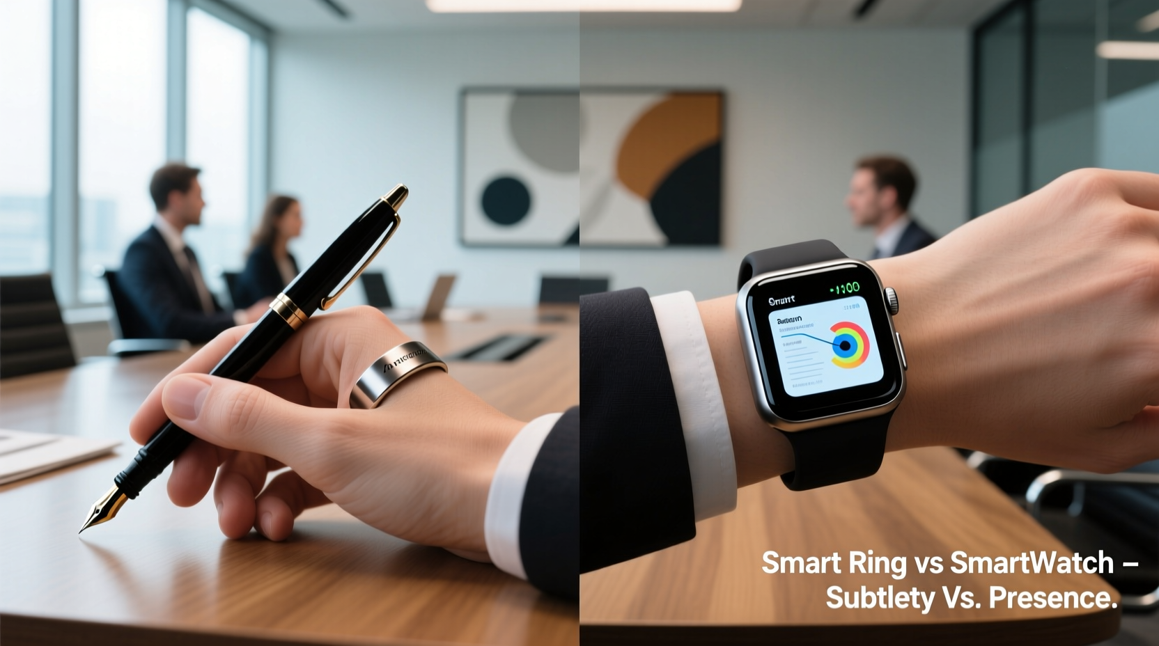 Side-by-side comparison: a minimalist titanium smart ring on a hand holding a pen during a meeting versus a smartwatch on the same wrist with its screen lit up mid-presentation