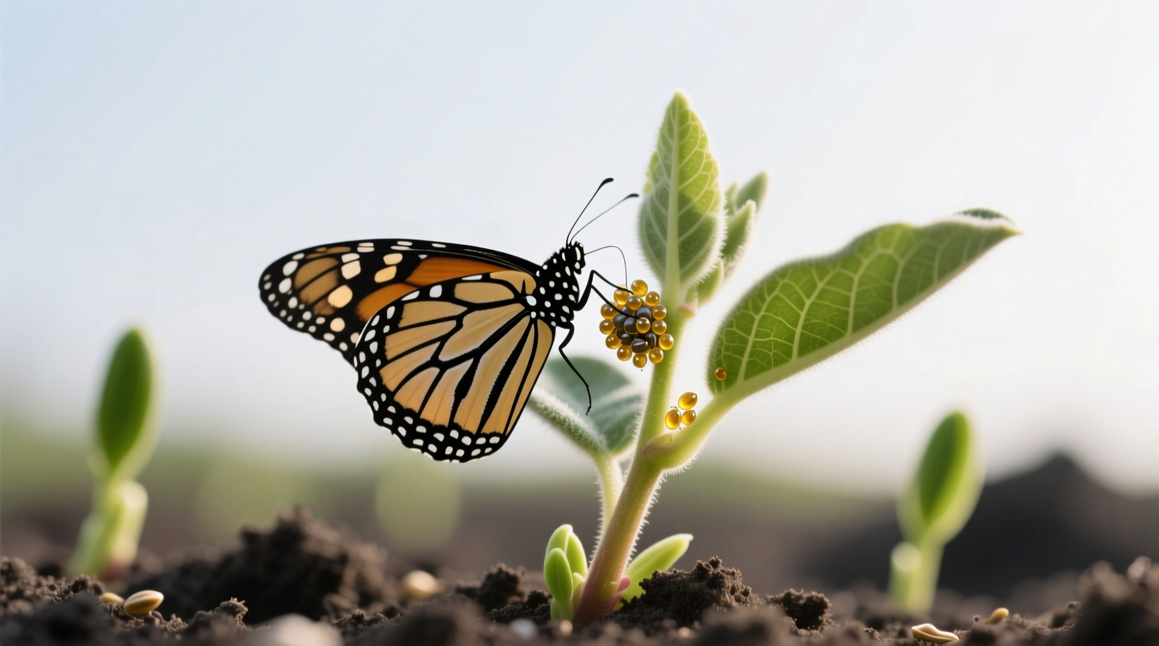 Close-up of monarch butterfly laying eggs on milkweed plant in early spring garden