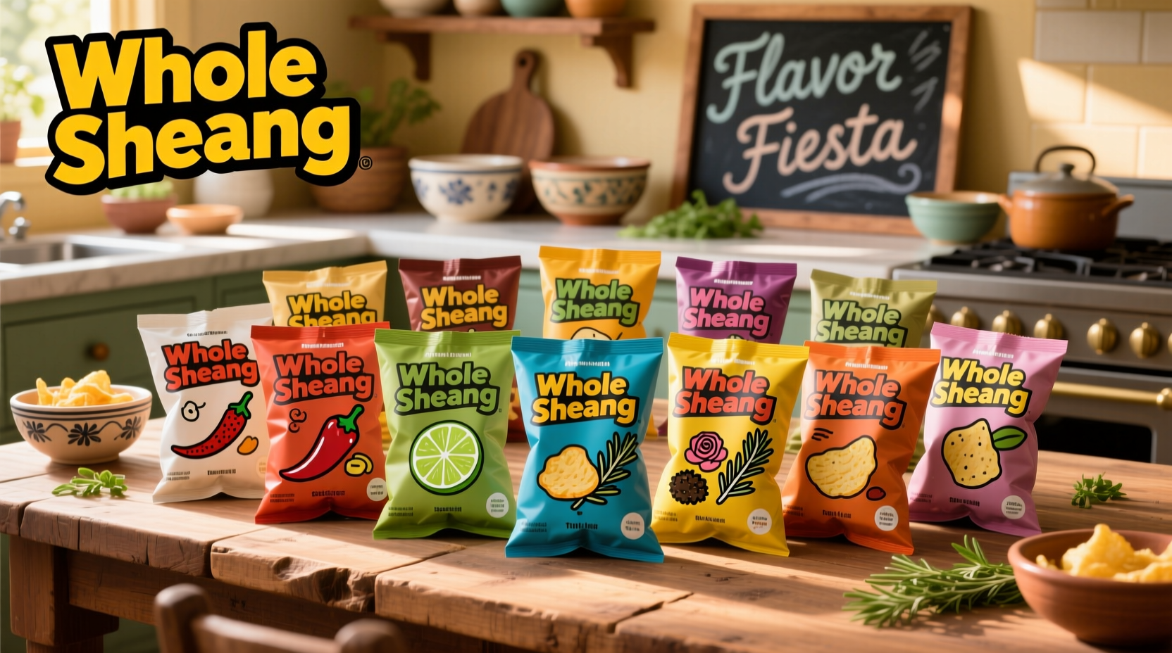 Whole Shebang potato chips flavor varieties display