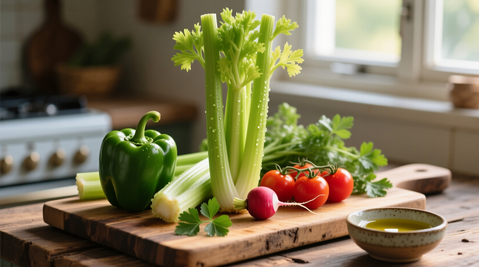 Fresh celery stalks with complementary ingredients