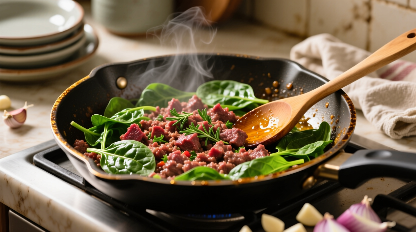 Ground beef spinach skillet with fresh ingredients