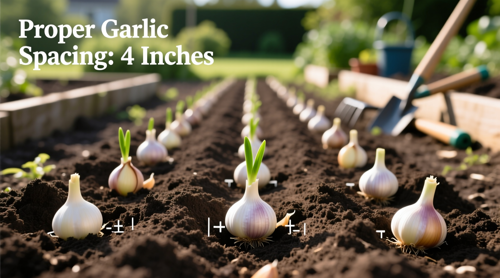 Garlic cloves properly planted in garden bed with correct spacing
