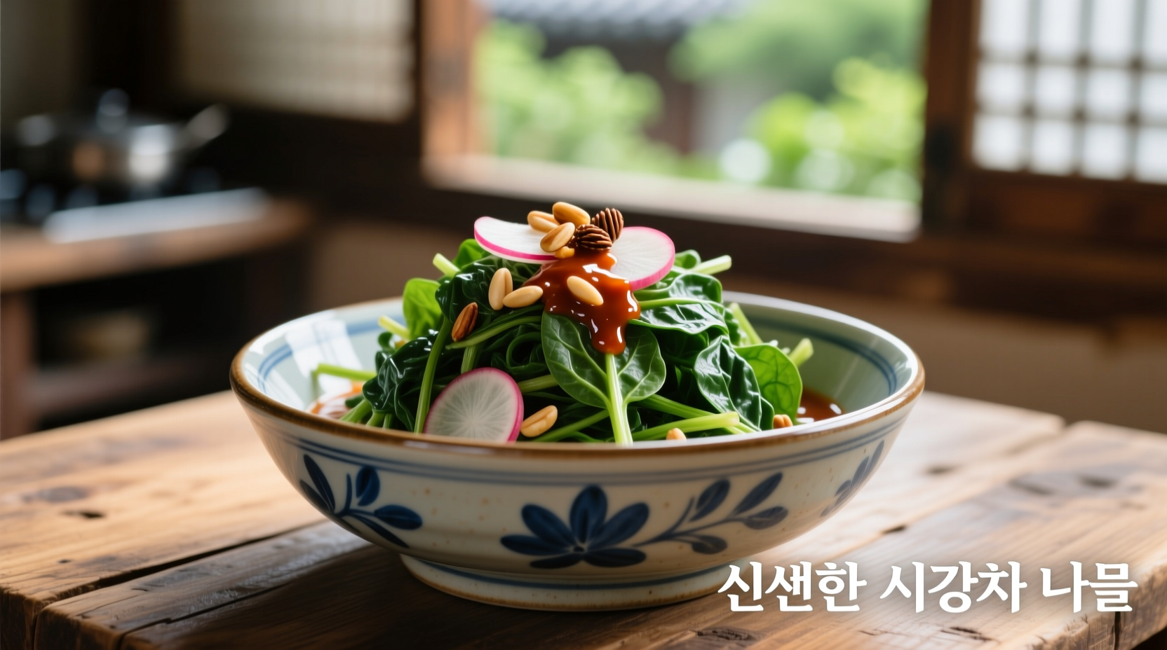 Freshly prepared Korean spinach salad in traditional bowl