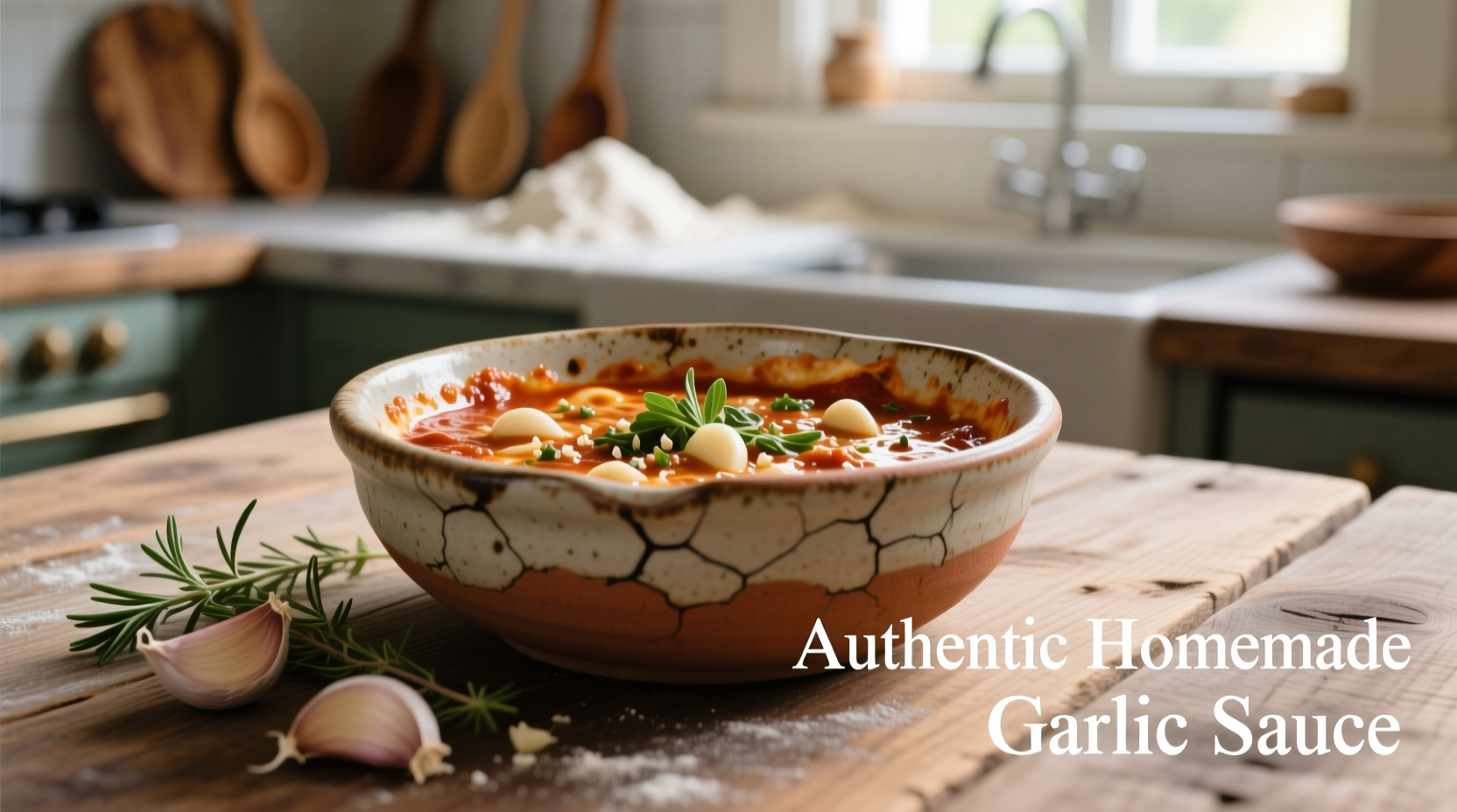 Homemade garlic pizza sauce in ceramic bowl