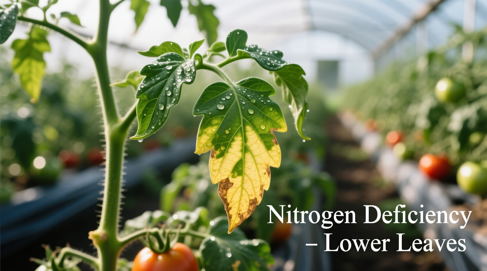 Tomato plant showing nitrogen deficiency symptoms on lower leaves