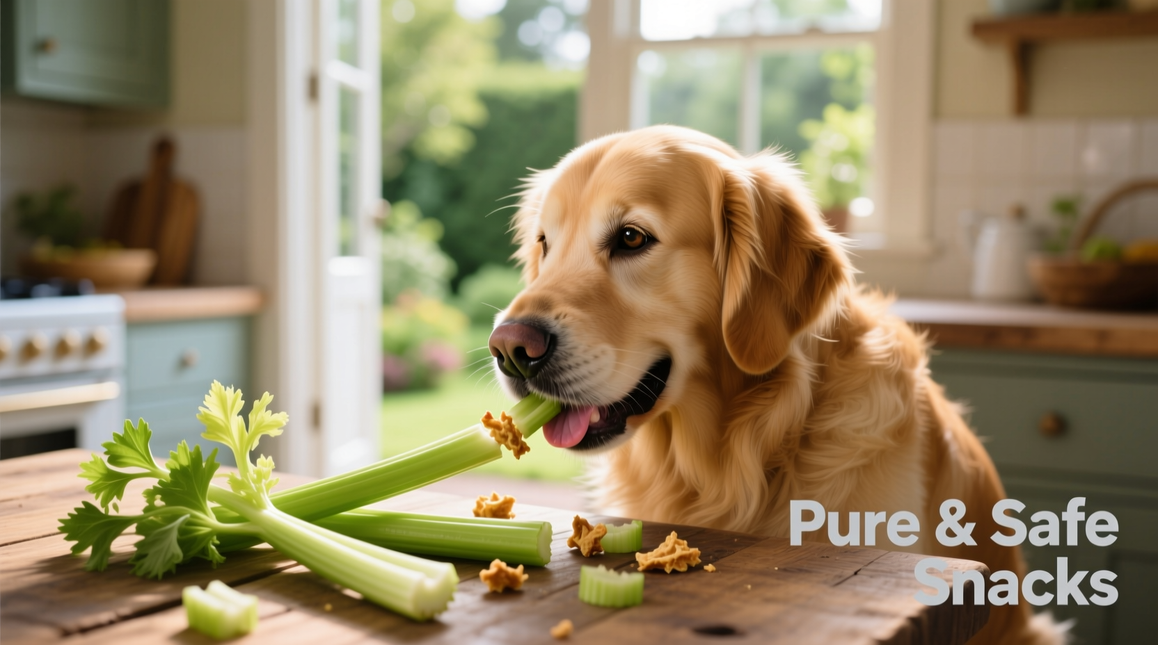 Golden Retriever safely eating small pieces of celery