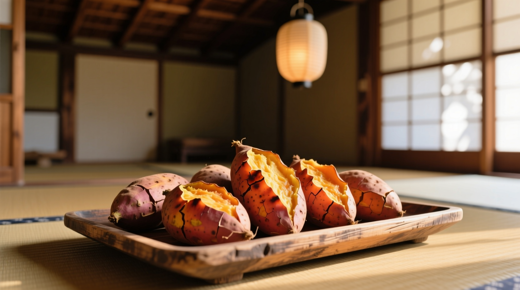 Baked Japanese sweet potatoes on a tray