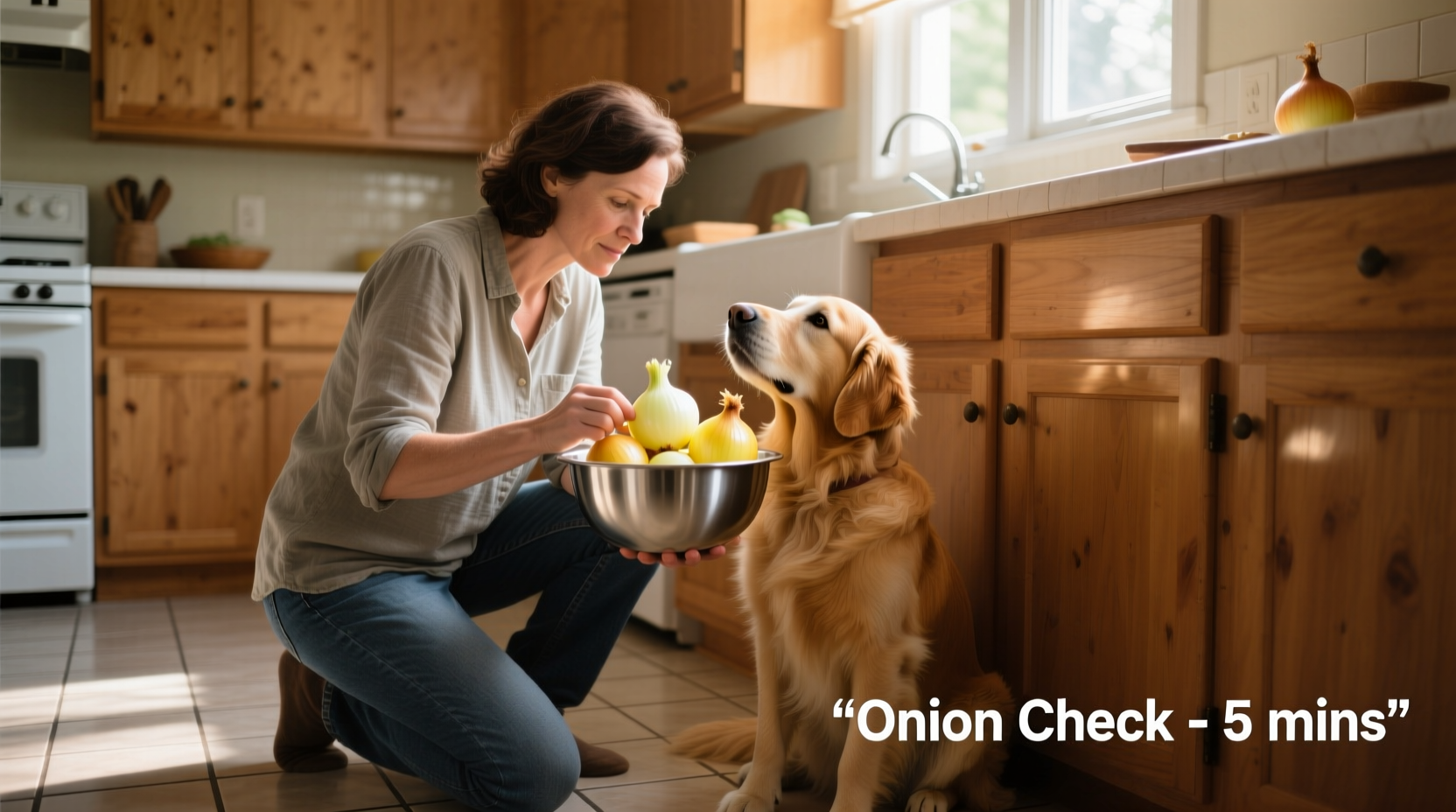 Dog owner checking onion in kitchen