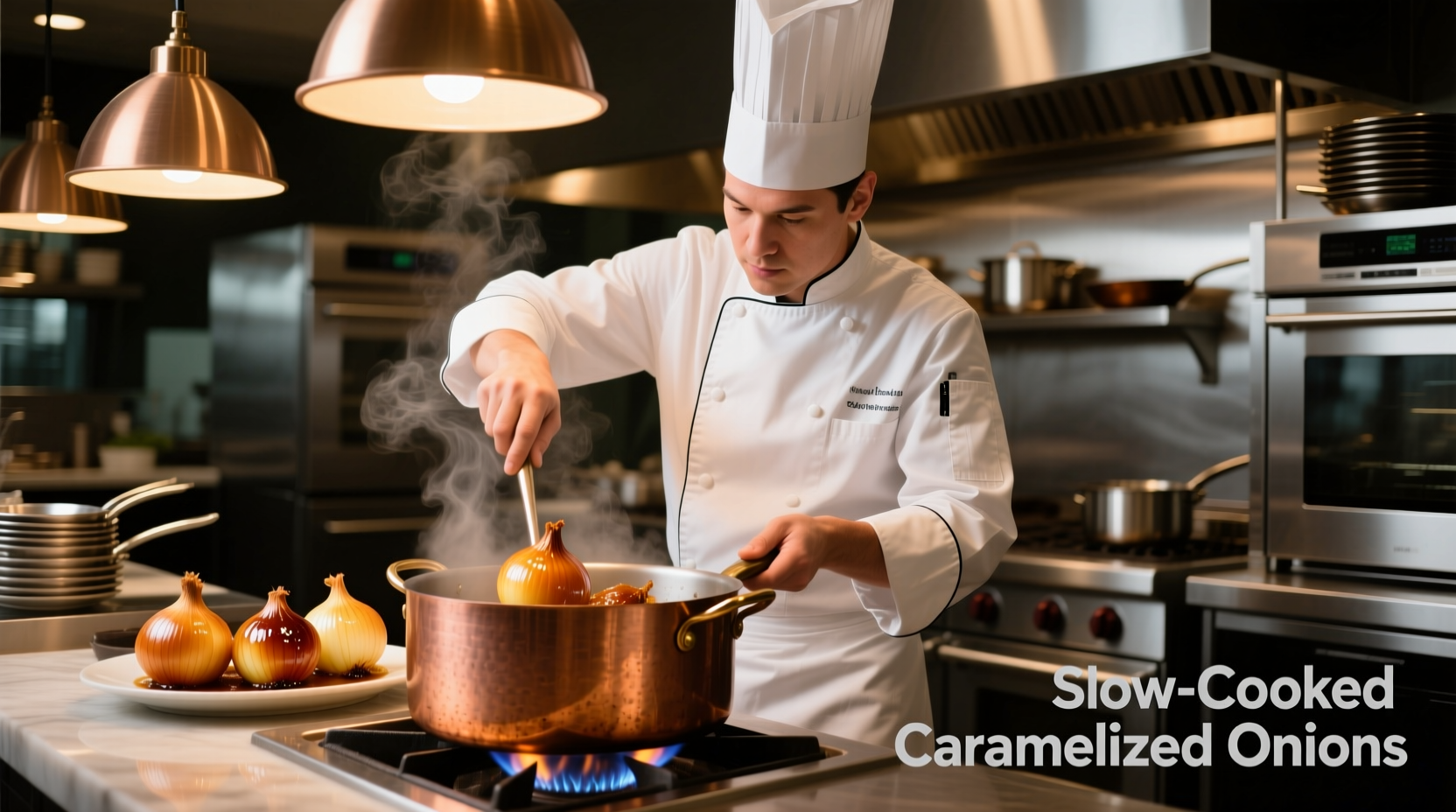 Chef preparing braised onions in professional kitchen