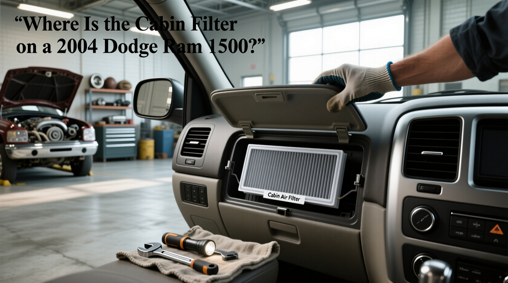 Cabin air filter location in a 2004 Dodge Ram 1500 behind the glove box