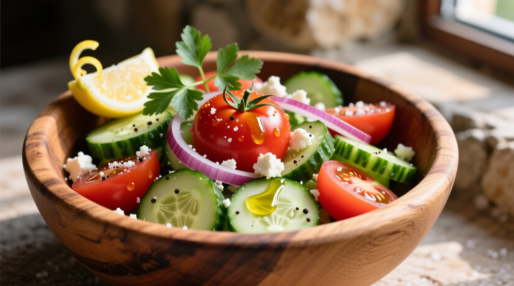 Fresh Mediterranean tomato cucumber salad in wooden bowl