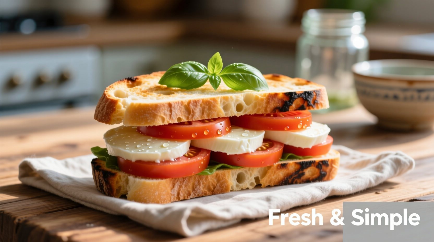 Fresh tomato mozzarella sandwich on ciabatta bread