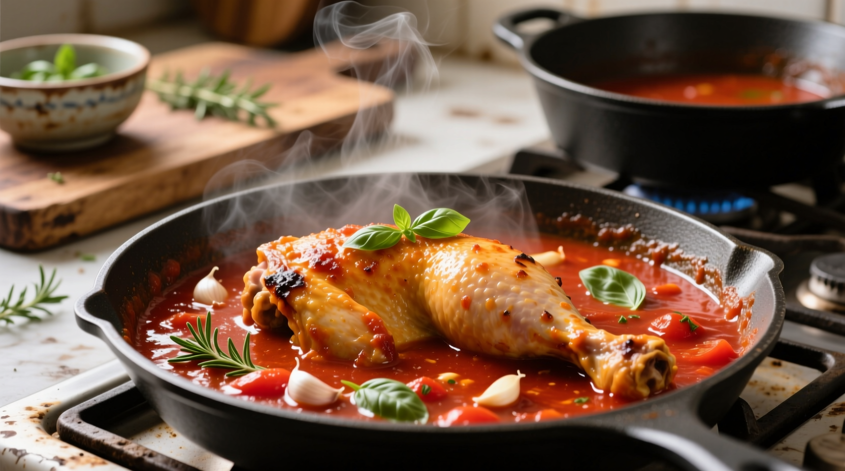 Chicken simmering in rich tomato sauce