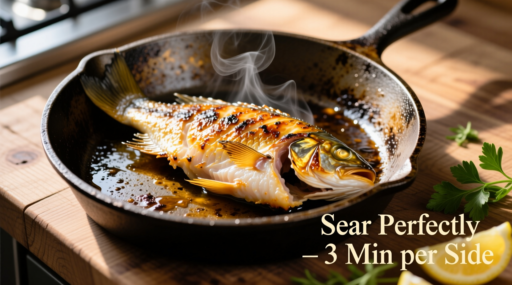 Perfectly seared tilapia fillet on cast iron skillet