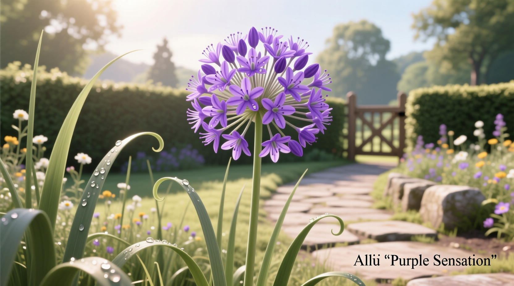 Purple flowering onion blooms in garden setting