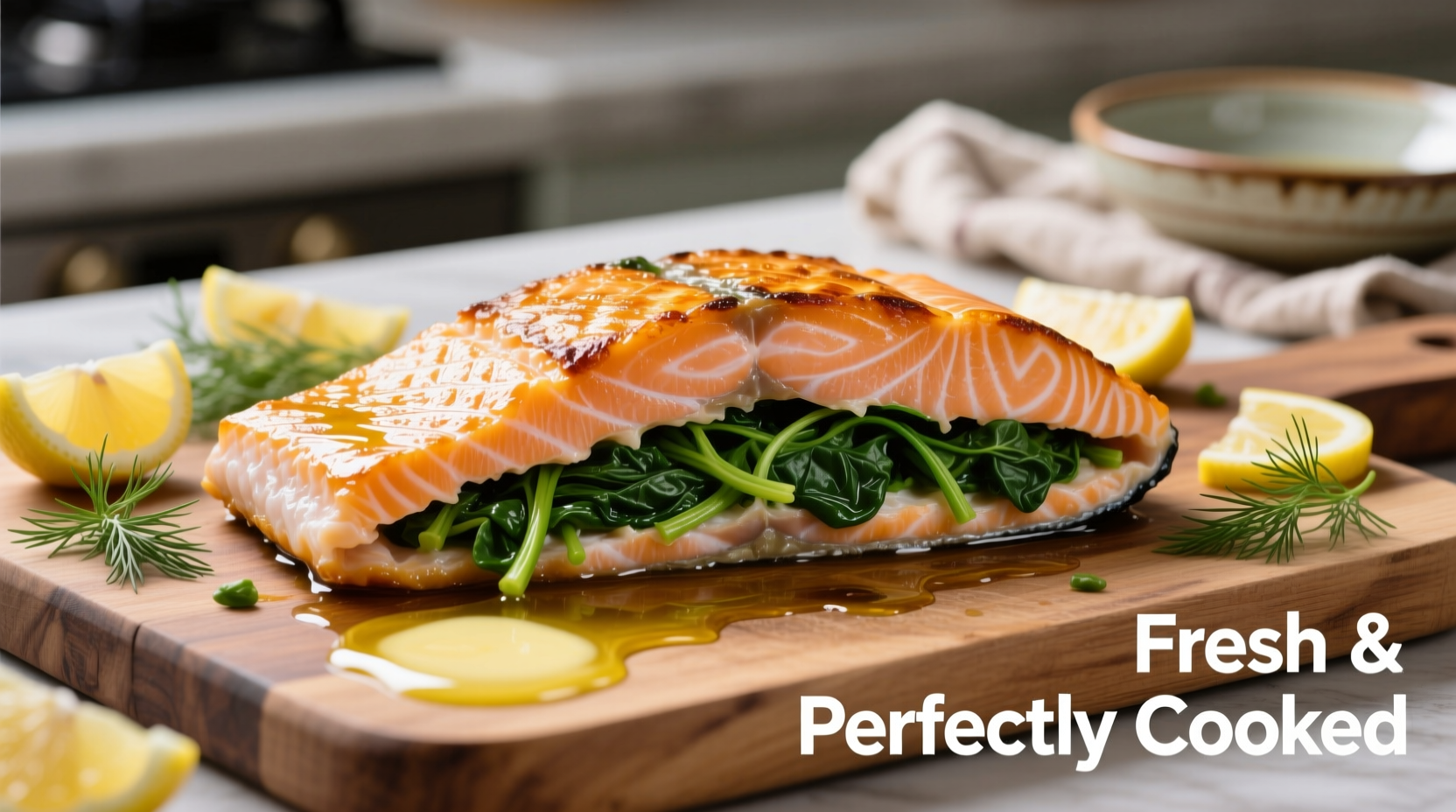 Perfectly cooked salmon fillet stuffed with spinach