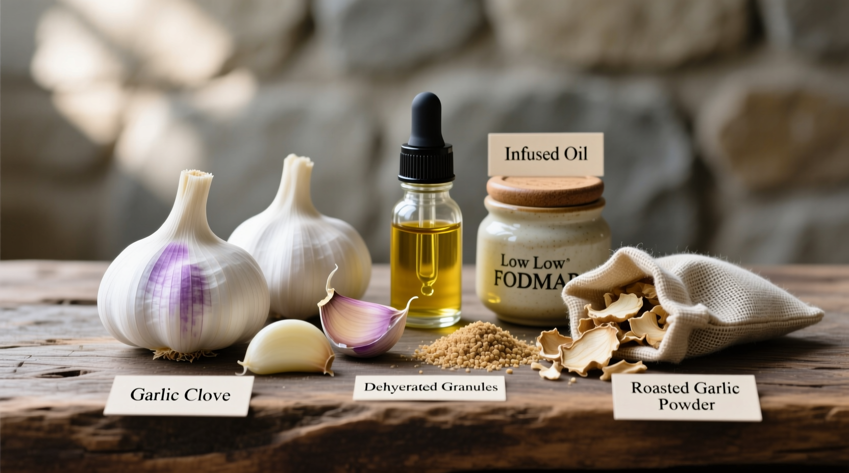 Garlic cloves next to low FODMAP alternatives